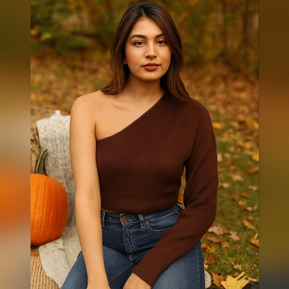 NWT Crescent Brown One Shoulder Sweater Size Large